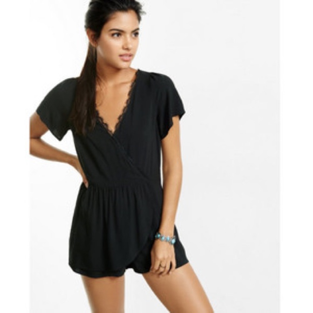 Express Black Lace Trim Surplice Skort Romper